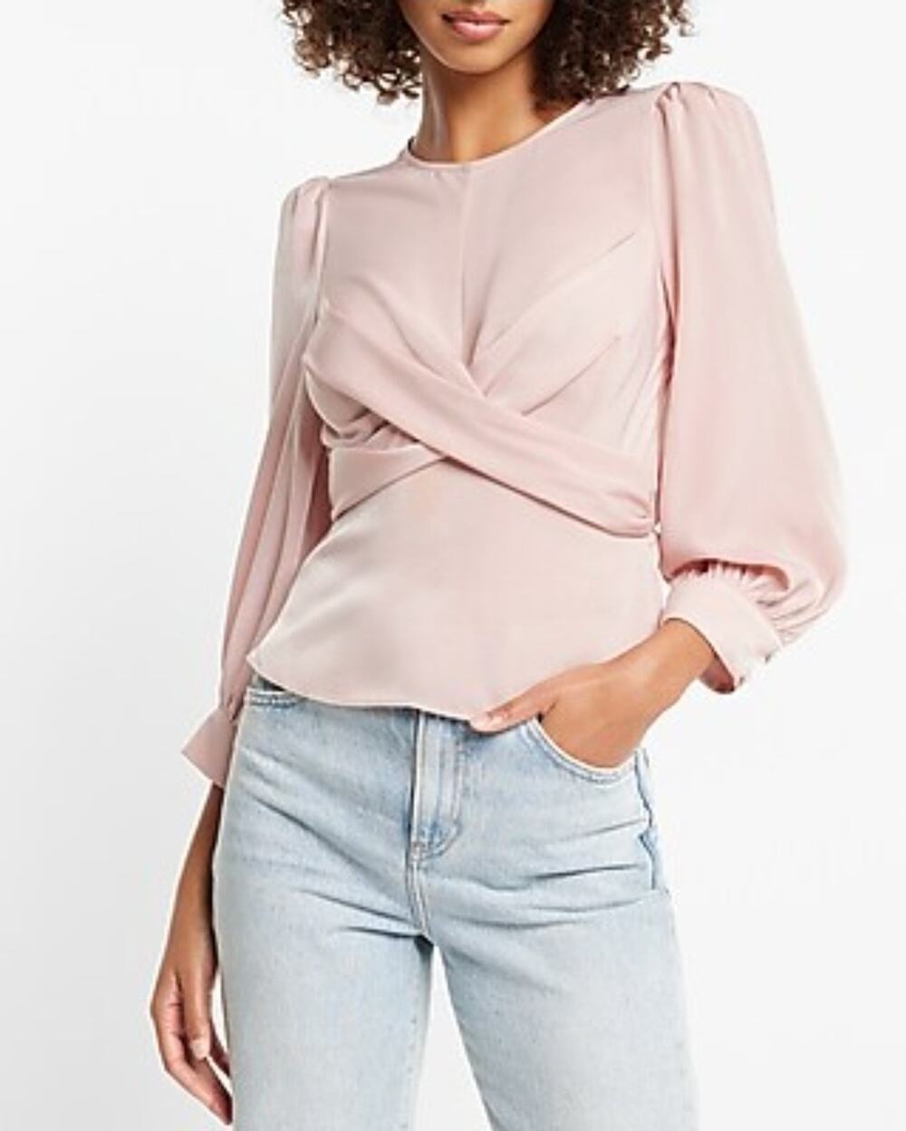 Express Satin Crew Neck Puff Sleeve Wrap Top Mauve Pink Size M Casual Work